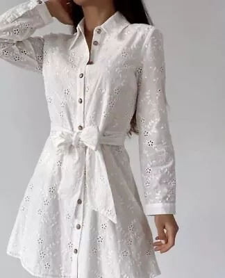 Zara Oyster White Tailored Shirt Dress With Cutwork Embroidery Broderie Anglaise • £23.99