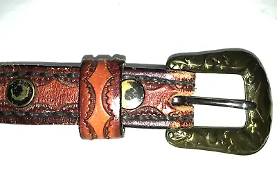 VTG Western Cowboy Belt 32  End-end-ornate Brass Buckle Russet/black Horse Hair • $32.99