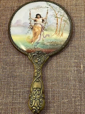 Antique Decorative Porcelain Art Nouveau Hand Mirror Girl In A Swing 1920's RARE • $130