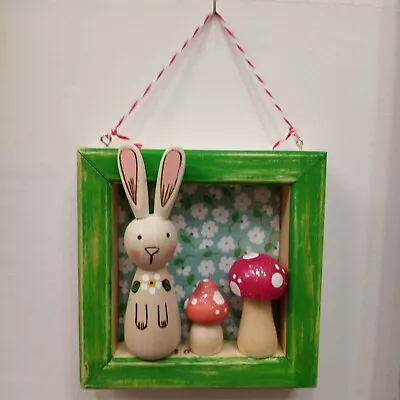 Wood Burned Bunny & Mushrooms Shadow Box Wall Hanging Nursery Art Baby Shower • $18