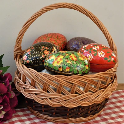 £29.99 • Buy Basket Of Egg Trinket Boxes Papier Mache * Vintage Easter Decoration