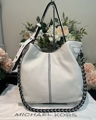 MICHAEL KORS Pebble Leather DOWNTOWN ASTOR Shoulder Bag Chain White/Black/Sliver • $315