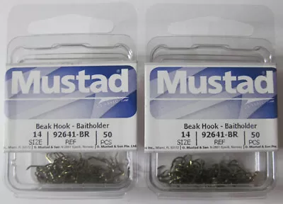 100 Mustad Beak Baitholder Hooks Barbless 92641-BR Sz 10 Barbed Shank 2 Pks 50 • $9.99