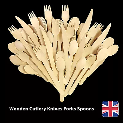 Wooden Cutlery Disposable Wooden Spoons Forks Knives BBQ Catering Party Weddings • £14.99