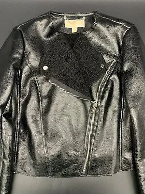 NEW Michael Kors Black Faux Leather Shearling Zip Up Motorcycle Jacket Size M • $124.95