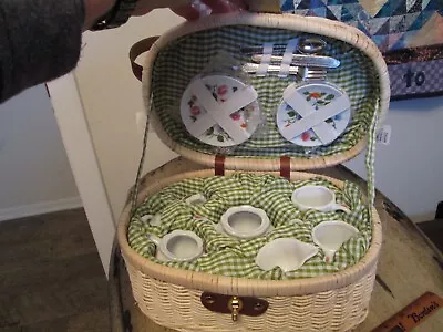 VTG 17 Piece Set Delton Child China Tea Set Flower Pattern Rattan Carry Case • $14.99