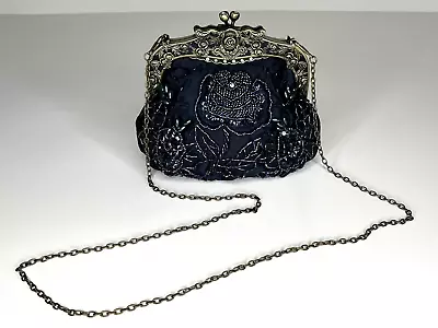 Vintage Beaded Evening Hand Bag Clutch Metal Kiss Clasp Shoulder Navy Blue Party • $59