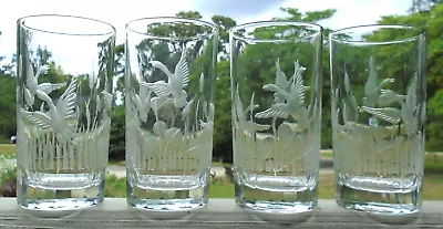 Set Of 4 Etched Swan Geese Cattail Grass Highball Glasses 14 Panel Heavy Bottom  • $25