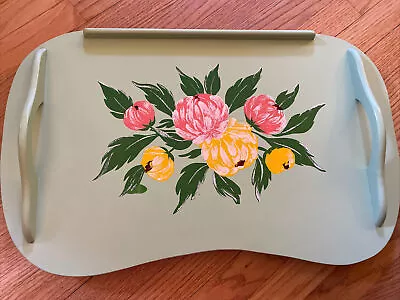 Vintage 1950's Breakfast Bed Lap Tray Hand Painted Green Folding Legs 24  X 14  • $75.99