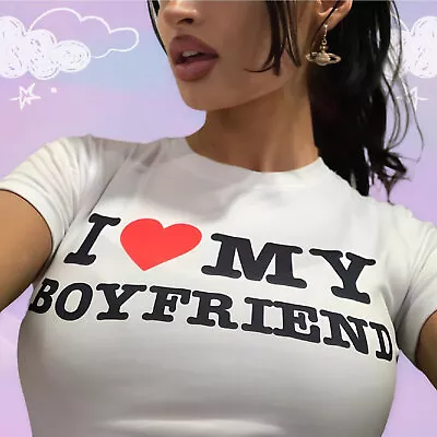 Y2K I Love My Boyfriend Crop Top Baby Tee - Y2K Funny Baby Tee I Heart My Boyfr • $18.90