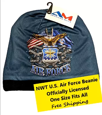 NWT U.S Air Force Design On Two Sides Military Blue Cuffless Knit Beanie Hat Cap • $15.99