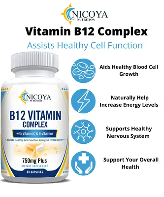 B-12 Complex 60ct Vitamins B1 B2 B3 B5 B6 B8 & B12 Energy Metabolism Aid • $14