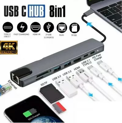 $57 • Buy 8 In 1 USB-C HUB Type-C USB Multi 3.0 4K HDMI RJ45 Ethernet Micro SD TF OTG