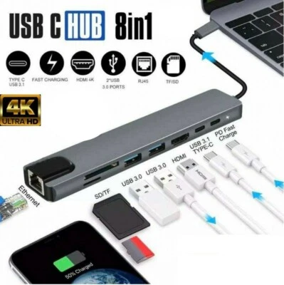$57 • Buy 8 In 1 USB-C HUB Type-C USB Multi 3.0 4K HDMI RJ45 Ethernet Micro SD TF OTG