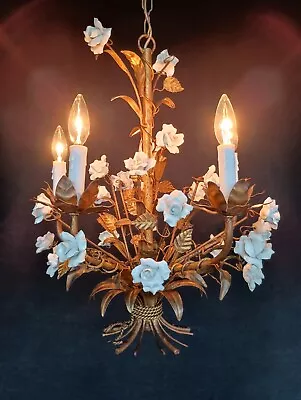 Vintage Italian Tole & White Porcelain Flowers Chandelier Mid-Century 1960s • $780