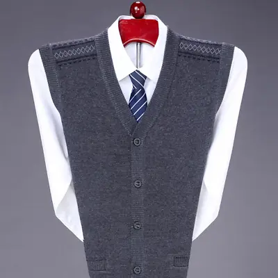 Men Knitted Tank Top Cardigan Sleeveless Jumper Sweater Waistcoat Gilet Button • $25.05