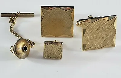 Vintage Cufflinks Cuff Links Tie Tack Set Signed Anson Gold Tone Lot Diamond Cut • $17.99