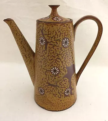 Stoneware Coffee Teapot Textured Design 8.5  Tall 4 Cups Mustard W Lid Vintage • $16.99