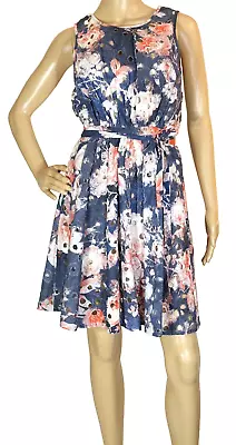 HEMANT & NANDITA~MINT!!~GoRGeOUS BLUE & ORANGE CUT OUT FLORAL TEA DRESS SZ:4 • $30.96