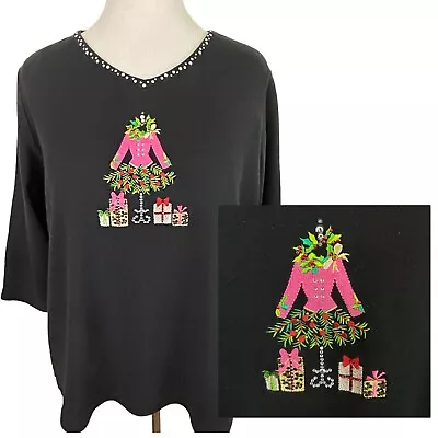 QUACKER FACTORY Christmas Pink Black Rhinestone Holly TOP Knit Shirt L Cheetah • $15.99