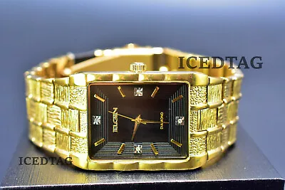 Mens Hip Hop Gold Plated Black Face Dial Nugget Lab Diamond Luxury Style Watch • $49.99