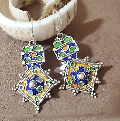 Moroccan Berber Sterling Silver Enamels Dangle Earrings Berber Jewelry • $89.99