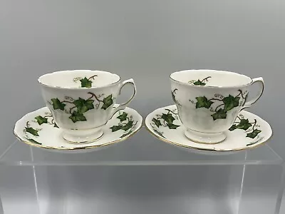 2 X Vintage Colclough Ivy Leaf Cup And Saucers Bone China White Green Leaves • £9.99