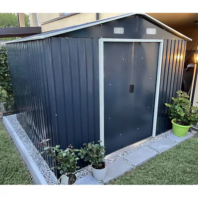 Metal Shed 8 X 8 FT Deep Grey Apex Garden Shed Outdoor Storage Cabinet Toolsheds • £329.95