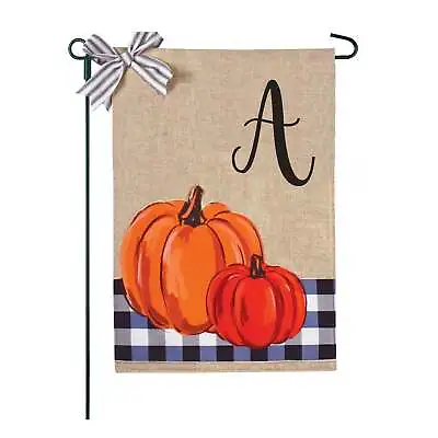 Blue Buffalo Plaid Pumpkins Monogram Burlap 2-Sided Garden Flag 12.5x18  • $16.95