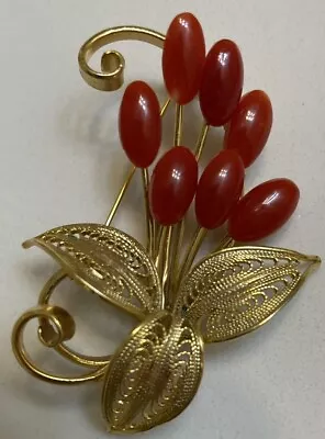 Vintage Brooch Gold Tone Floral Leaf Bouquet Cabochon Stones Filigree • $18