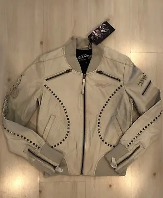 Women Rare Ed Hardy Leather Jacket Cool White Ml • $249.99