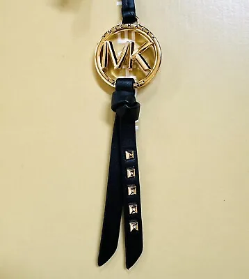 New Michael Kors MK Logo Gold Charm / Black Leather Strap Handbag Hang Tag Fob • $25.99