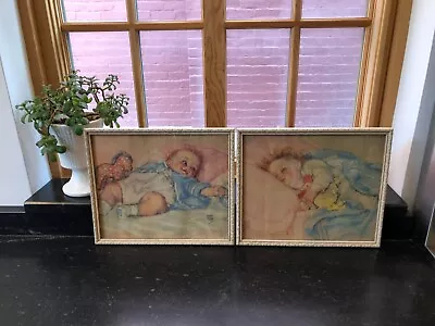 Set Of 2 Vintage Framed Maud Tousey Fangel Baby LITHO PRINT Nursery Decor 1930 • $20