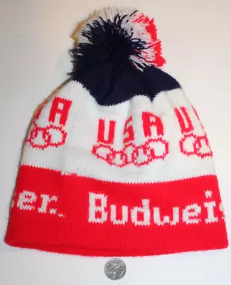 VTG Budweiser Beer USA Winter Olympics Pom Pom Ski Knit Stocking Hat Beanie Cap • £12.54