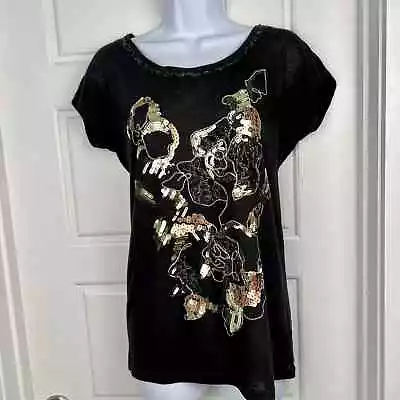 Miss Me T-Shirt Size S Black Gold Sequin Floral Short Sleeve • $12