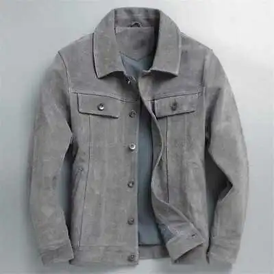 Leather Trucker Jacket For Men Gray  Pure Suede Custom Made Size S M L XXL 3XL • $140.53