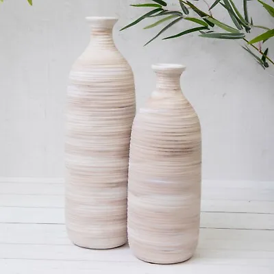 Natural Rustic Stoneware Vase Ribbed Ceramic Bottle Tall Boho Flower Vase Decor • £11.96
