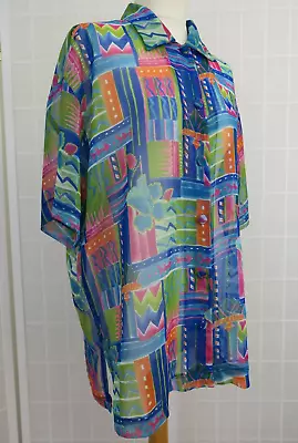 Charlotte Halton Blouse Size 12 Multicoloured Sheer Oversized Vintage 90s • £15.95