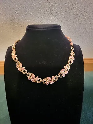 Vintage Signed Coro Pink Enamel Leaf And Berry Choker Necklace 16” • $14.99