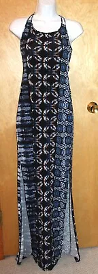 BCBGeneration Size SMALL Black Blue Batik Maxi Dress Stretch Jersey Open Back • $14.99