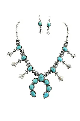 $17.95 • Buy Southwestern Faux Blue Turquoise Squash Blossom Necklace & Earrings Set 