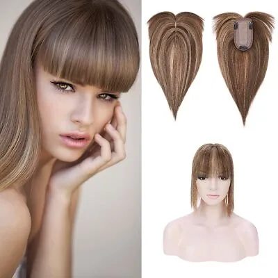 Hairpiece 100% Real Human Hair Toppers With Bangs 150% Silk Base Clip In Topper • $100.99