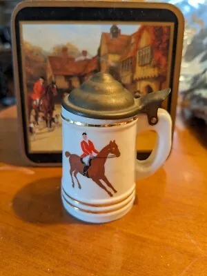 Miniature Beer Stein Mug Brass Lid Horse Jockey Image Gold Rimmed 2.75  Vintage • $16.99