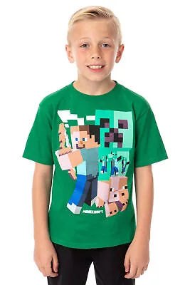 Minecraft Big Boy's T-Shirt Steve Pickaxe Pig Zombies Graphic Green • $13.95