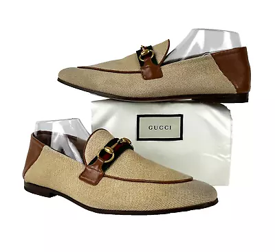 Gucci Men Auth 10 M US 9.5 UK 43.5 EU Beige Canvas Horsebit Loafers Dress Shoes • $287