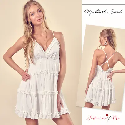 MUSTARD SEED Adjustable Straps Ruffle Detail Tiered Mini Dress In White • $60.35