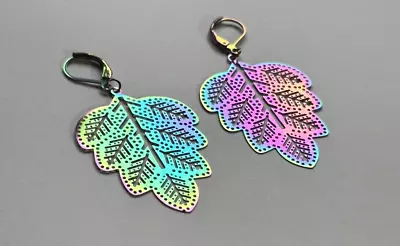 Holographic Leaf Mandala Chameleon Earrings Fun Festival Novelty Gift Rainbow • £2.99