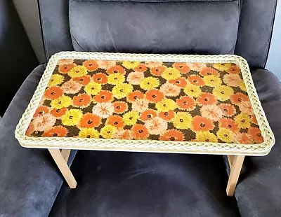 Vintage Lap Tray 60s Wicker Trim Bright Floral Serving Tray On Legs • £24