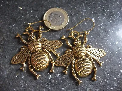 Bee Earrings Metal Gold Coloured Large Kidney Wire Fastening Bee Lovers! • £7