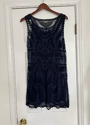 Beautiful Express Dress Navy Blue Lace Overlay Shift Pullover Sleeveless Sz L • $8